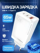 Зарядное устройство Yoki Led Series YK-65 GaN PD 65W мощный оригинальный универсальный надежный портативный сетевой адаптер с быстрой зарядкой QC3.0 блок питания USB-C для ноутбука телефонов планшетов айфона iPhone самсунга Samsung Белый