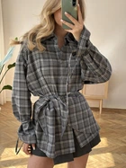 Женская Серая Рубашка С Косичкой Однотонная На Завязках Тренд Сезона Oversize (385444)