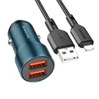 Авто Зарядное Устройство Borofone BZ19 Wisdom metal 2USB 5V / 12W 2.4A USB - Lightning 1m Сапфирово-синий