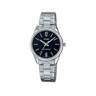 Женские классические часы Casio LTP-V005D-1B серебристые с чёрным циферблатом