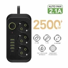 Сетевой фильтр питания UA Power Socket F09U, на 3 розетки + 4 USB + Type C, 2500Вт, на 185 см, оснащен переключателем, черный