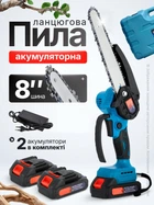 Акумуляторна бездротова ланцюгова електропила ручна садова портативна міні пила з 2 акумуляторами АКБ шина 8'' для будинку дачі саду обрізки гілок садових дерев кущів заготівлі дров комплект з кейсом (754)