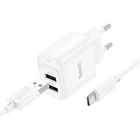 Мережевий зарядний пристрій Hoco C141A Smart dual-port комплект зарядного пристрою 5V/2.1A + кабелем Type-C, білий