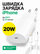 Комплект швидкої зарядки 20W для Apple iPhone та iPad зарядний пристрій USB-C Power Delivery PD адаптер живлення 20W + кабель Type-C to Lightning 1м швидка зарядка для iPhone 7 8 X XR XS 11 12 13 14 Pro Max Plus Mini AirPods