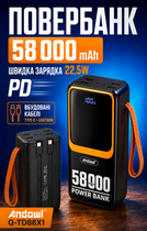 Повербанк умб 58000 mah 22.5w с быстрой зарядкой pd и встроенными кабелями type c lightning Andowl power bank Q-TD88 павербанк для телефона планшета айпада устройств powerbank внешний портативный аккумулятор повербанки большой емкости черный