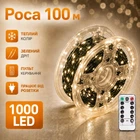 Гирлянда Роса 100 метров теплый белый цвет зеленый провод 1000 LED 8 режимов с пультом от розетки на елку