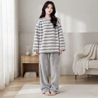 Комплект жіночої піжами Lesko Stripes Сірий 2XL сорочка з довгим рукавом і штанами для дому флісовий